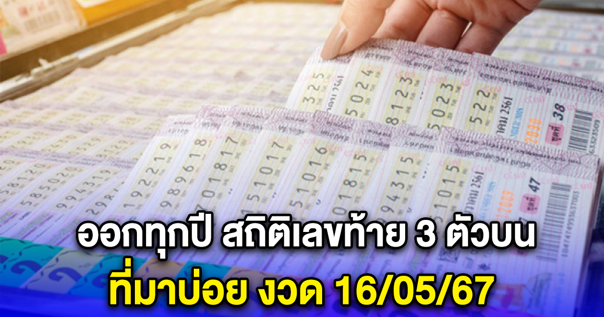 ออกทุกปี สถิติเลขท้าย 3 ตัวบน ที่มาบ่อย งวด 16/05/67