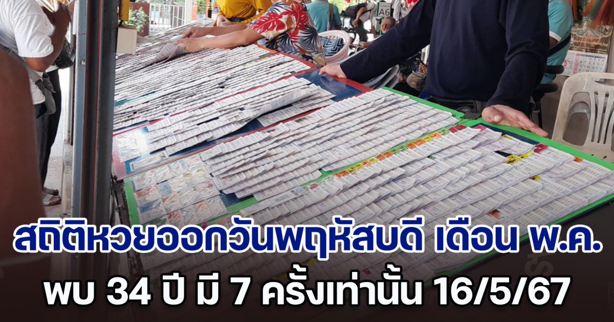 เปิดสถิติหวยออกวันพฤหัสบดี เดือน พ.ค. พบ 34 ปี มีแค่ 7 ครั้งเท่านั้น แนวทางงวด 16 พ.ค. 67