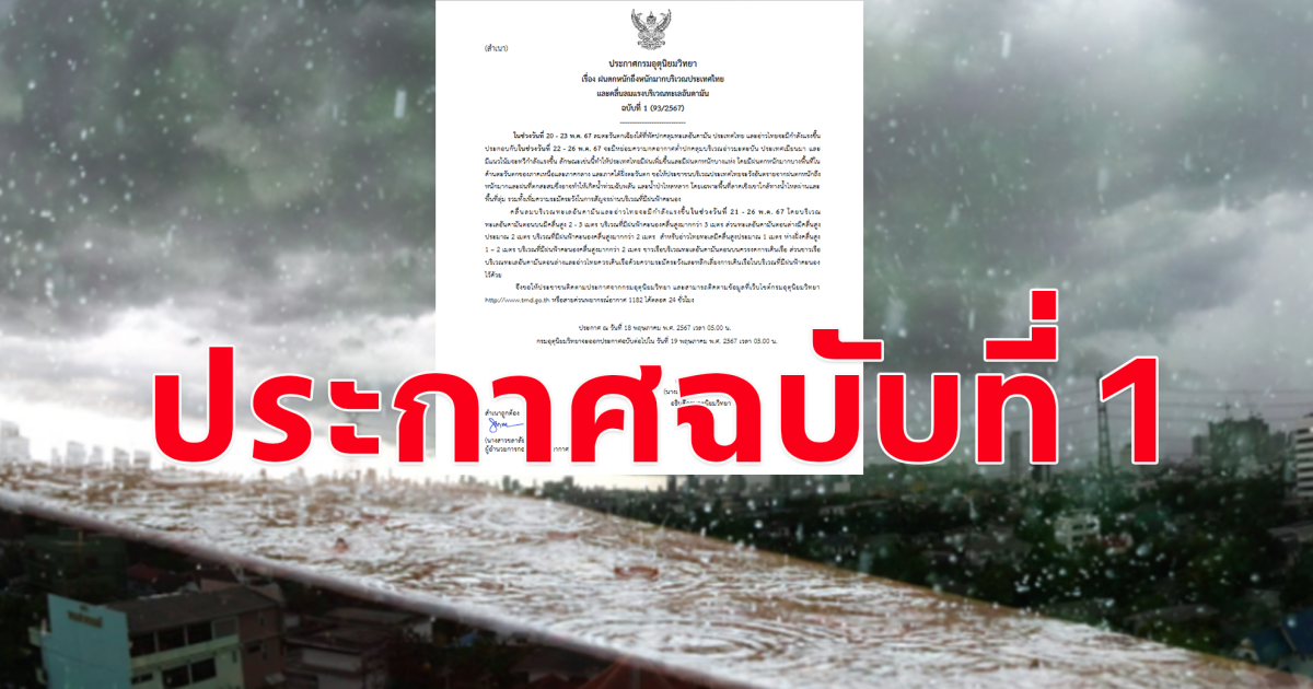 กรมอุตุประกาศฉบับ 1 เตือน ฝนตกหนัก ระวังน้ำท่วมฉับพลัน