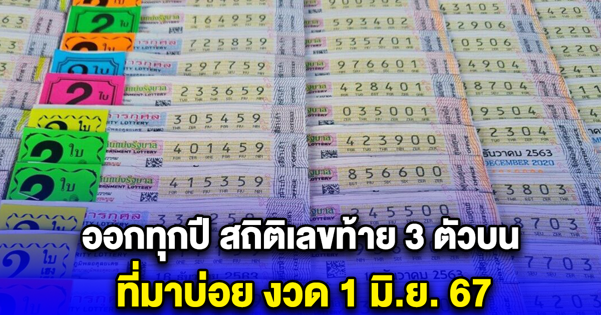 ออกทุกปี สถิติเลขท้าย 3 ตัวบน ที่มาบ่อย งวด 1 มิ.ย. 67