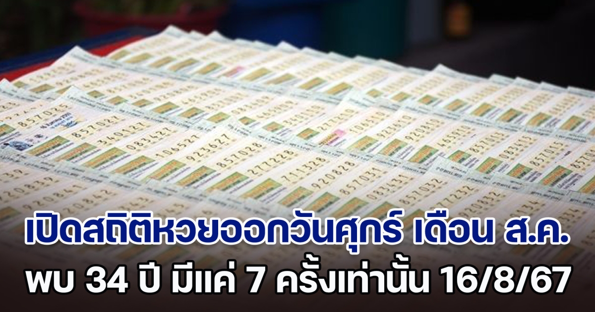 เปิดสถิติหวยออกวันศุกร์ เดือน ส.ค. พบ 34 ปี มีแค่ 7 ครั้งเท่านั้น แนวทาง 16 ส.ค. 67