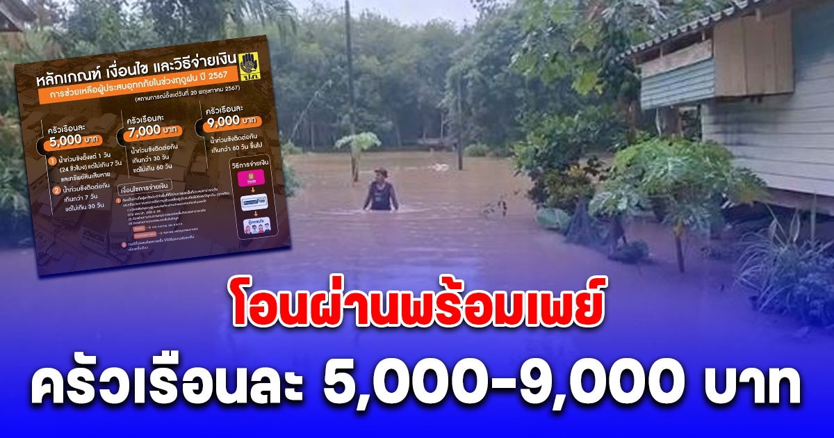 ปภ. เปิดเงื่อนไขเยียวยาน้ำท่วม ครัวเรือนละ 5,000-9,000 บาท โอนผ่านพร้อมเพย์