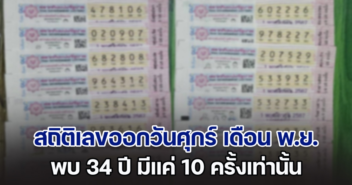 เปิดสถิติเลขออกวันศุกร์ เดือน พ.ย. พบ 34 ปี มีแค่ 10 ครั้งเท่านั้น แนวทาง 1 พ.ย. 67