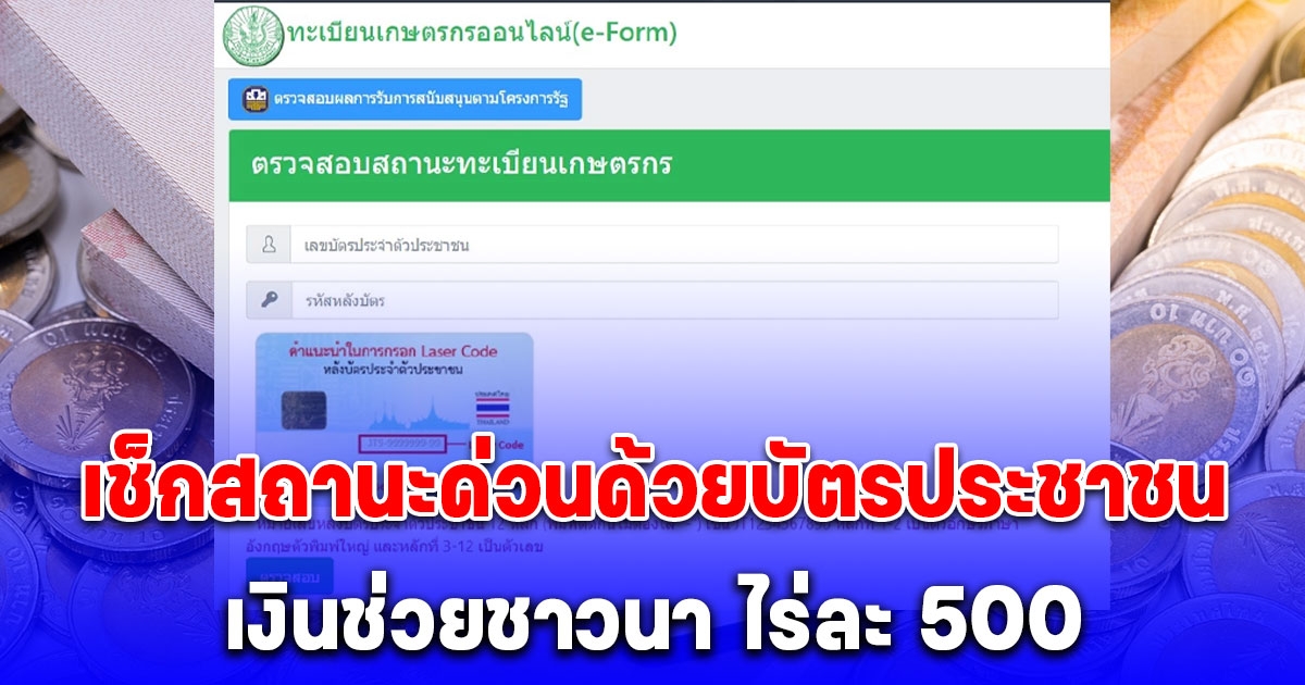 เช็กสถานะด่วนด้วยบัตรประชาชน เงินช่วยชาวนา ไร่ละ 500