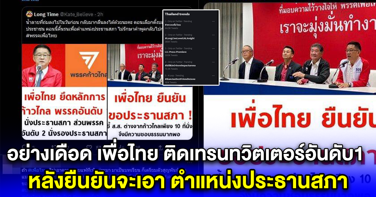 อย่างเดือด เพื่อไทย ติดเทรนทวิตเตอร์อันดับ1 หลังยืนยันจะเอา ตำแหน่งประธานสภา