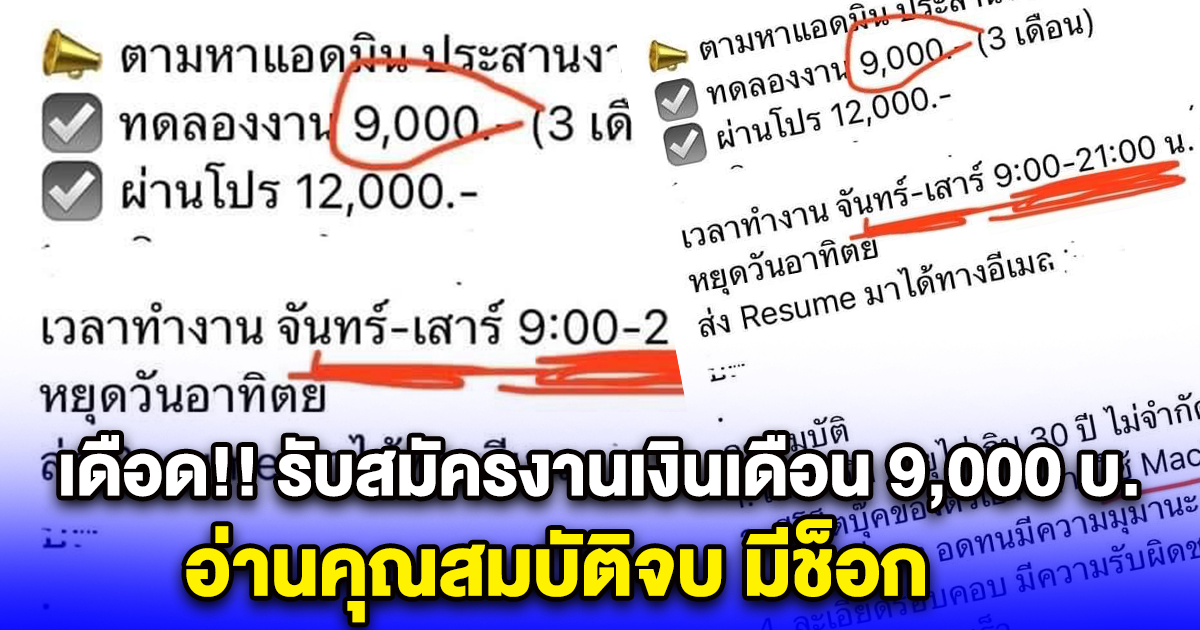 เดือดกันสนั่น รับสมัครงานเงินเดือน 9,000 บ. อ่านคุณสมบัติจบ มีช็อก