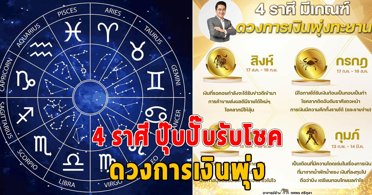 4 ราศี ดวงการเงินพุ่ง รับเงินเป็นกอบเป็นกำ ปุ๊บปั๊บรับโชค